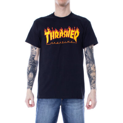 Camiseta THRASHER Magazine Hombre Flame logo manga corta Ref. 110102 NEGRA Llama fuego amarilla y naranja