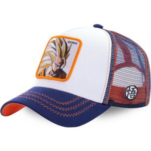 Gorra superheroes CAPSLAB trucker rejilla y ajustable blanca, azul y naranja Son Goku Super Saiyan 3 SAN2 Dragon Ball de Capslab
