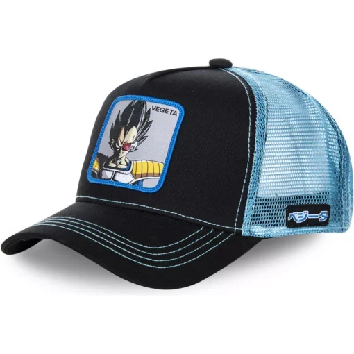 Gorra superheroes CAPSLAB Vegeta parche bordado visera curva, rejilla y ajustable negra y azul