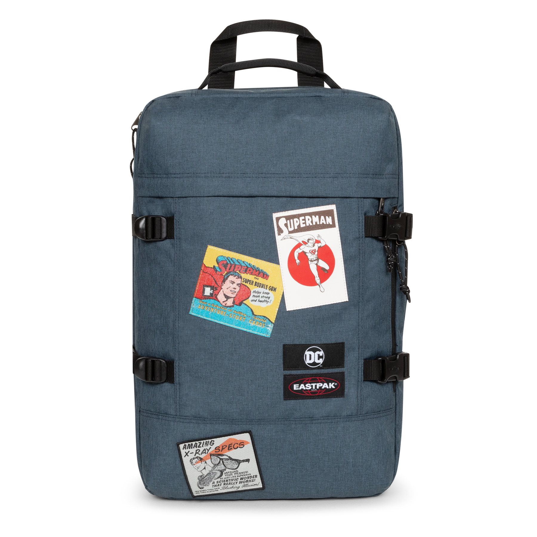 MALETA CABINA AVIÓN EASTPAK TRAVELPACK 5V2 SUPERMAN PANTCH tejana con parches de super héroes MALETA CABINA AVIÓN EASTPAK TRAVELPACK 5V2 SUPERMAN PANTCH tejana con parches de super héroes