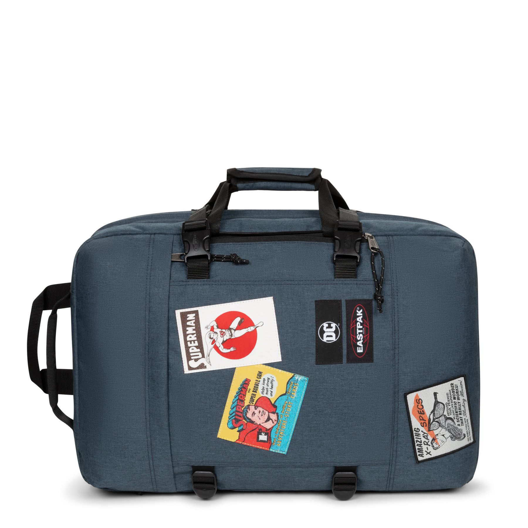MALETA CABINA AVIÓN EASTPAK TRAVELPACK 5V2 SUPERMAN PANTCH tejana con parches de super héroes MALETA CABINA AVIÓN EASTPAK TRAVELPACK 5V2 SUPERMAN PANTCH tejana con parches de super héroes