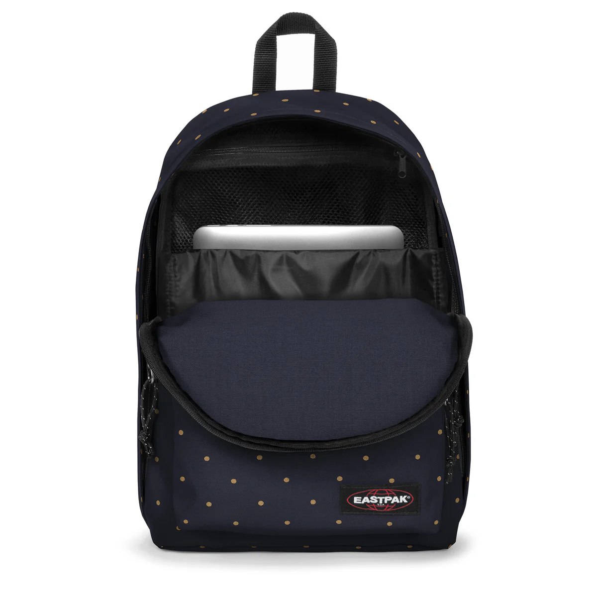 Mochila-office-Eastpak 3 MOCHILA EASTPAK Out Of Office 27 l EK000767 6W4 DOTSMARINE GOLD azul marino y topos