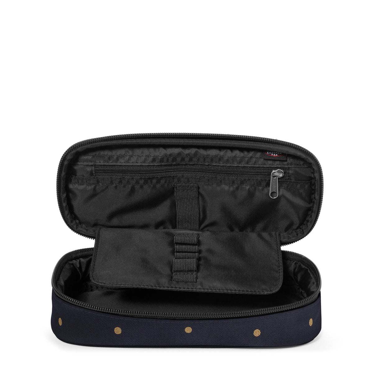 Plumier-oval-eastpak.1 Estuche Eastpak escolar: PLUMIER OVAL EK7176W4 DOTS MARINE GOLD-azul noche y topos